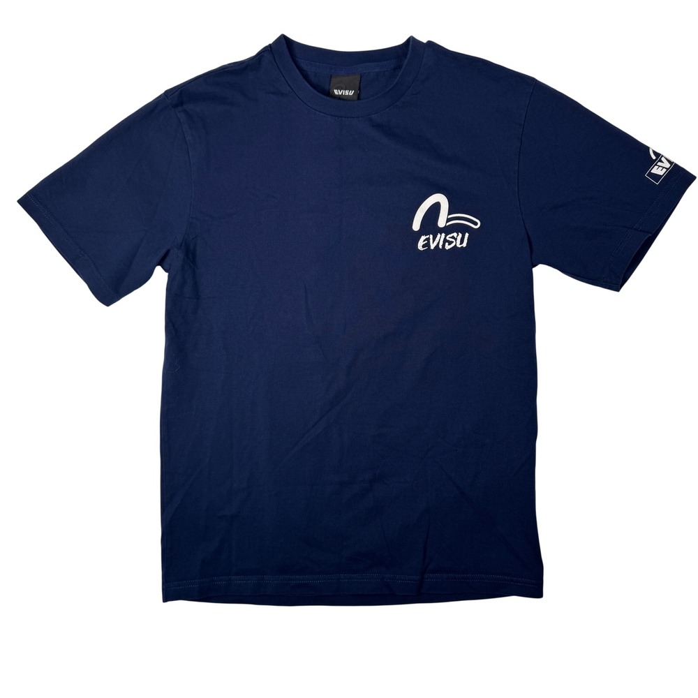 EVISU Navy Graphic T Shirt Medium M Large Back Logo Print Streetwear Cotton Tee